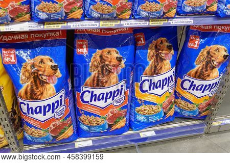 Tyumen, Russia-june 30, 2022: Large Bag Of Dog Food Chappi, A Hearty Meat Lunch. Selective Focus