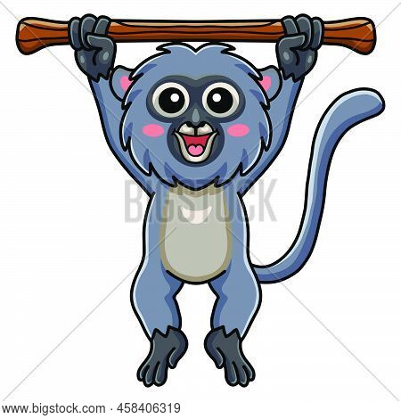 Vector Illustration Of Cute Dusky Leaf Monkey Cartoon Hanging On Tree