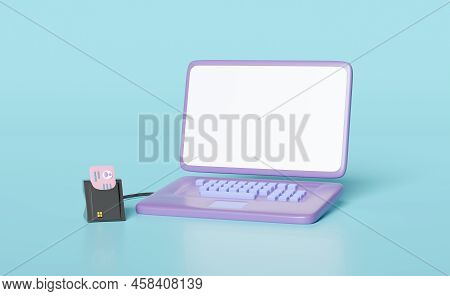 3d Purple Laptop Computer With Smart Card Reader, External Usb Card Reader, Id Card Icon Isolated On
