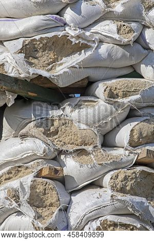 Torn Sandbags Placed Around Historical Monuments And Roadblocks During Martial Law In Ukraine. War I