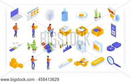 Never Run Out Of Storage, Vector Isometric Icon Set. Get Free 10gb Data.