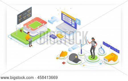 Female American Football Referee Uniform And Equipment, Live Text Commentaries, Flat Vector Isometri