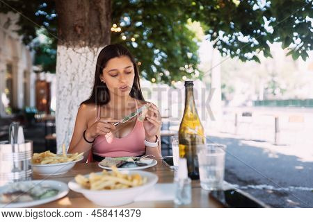 Close-up Woman Having Breakfast Cin Street Cafe Outdoors