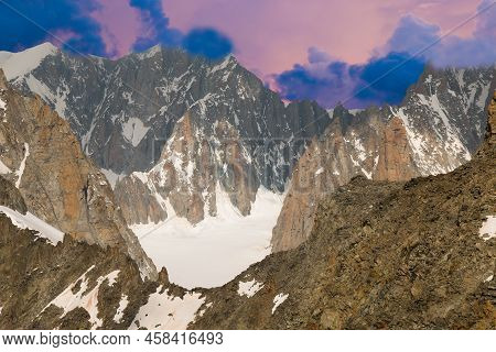 View Of The Glacier Of The Helbronner Pointe In The Massif Of Mont Blanc During Sunset Europe