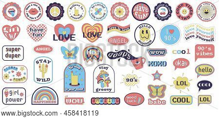 A Set Of Y2k Stickers With Text Motivational, Positive Phrases. Big Collection Of Stickers From 2000