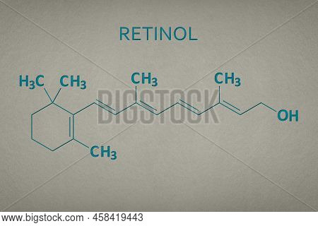 Vitamin A. Retinol 3d Molecule On Paper Texture Background. Skeletal Formula Of Vitamin A. Recessed 