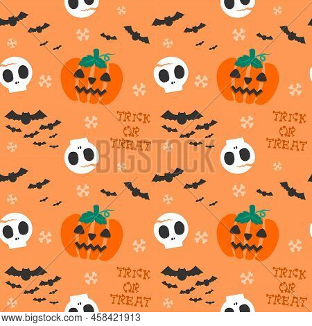 Seamless Pattern Pumpkin And Bones On Halloweenday.