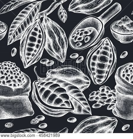 Seamless Pattern With Hand Drawn Chalk Cocoa Beans, Cocoa Stock Illustration