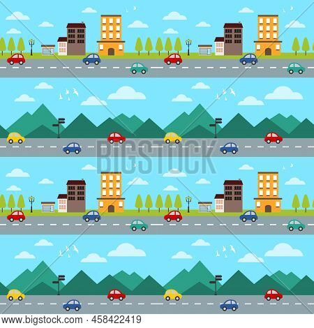 Seamless Pattern Colorful Car On Road. Car In The City.