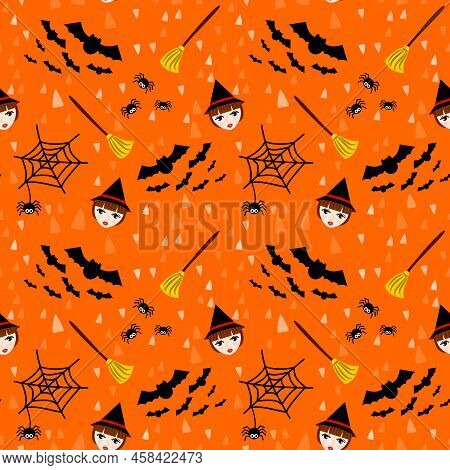 Seamless Pattern Witch, Bloom, Bat And Spider Web.