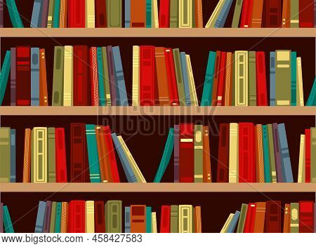 Vintage Bookshelf Stock Pattern Archive Retro Flat. School Student Wall Library Cover Wallpaper Book
