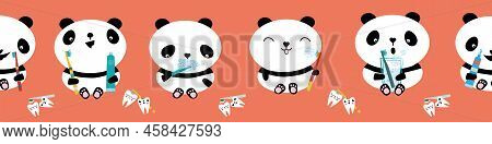 Kawaii Panda Kids Dental Health Care Vector Educational Seamless Border. Banner With Cute Cartoon Be