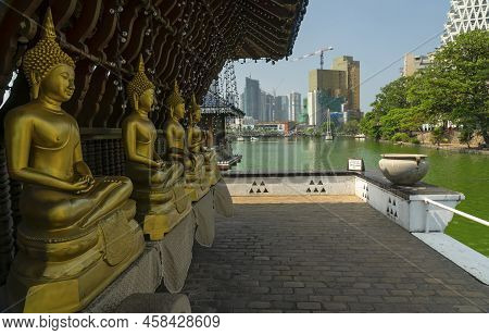 Colombo, Sri Lanka - July 1, 2022: Buddha Golden Statues In Seema Malaka Temple