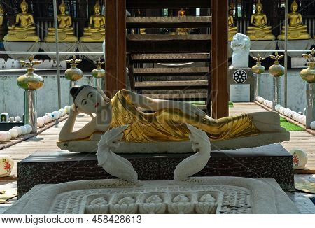 Colombo, Sri Lanka - July 1, 2022: Laying Buddha Statue In Seema Malaka Buddhist Temple,