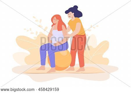 Trainer Helping Pregnant Woman Sitting On Ball. Expecting Mother Doing Exercises With Female Instruc