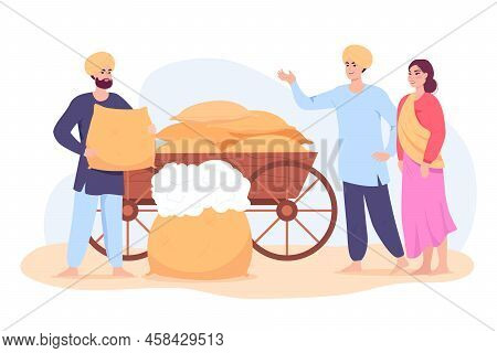 Indian Cartoon Farmer Sacks Of Cotton. Agricultural Farm Business, Village In Maharashtra, Rural Peo