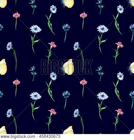 Meadow Flowers With Butterflies Watercolor Seamless Pattern On Dark