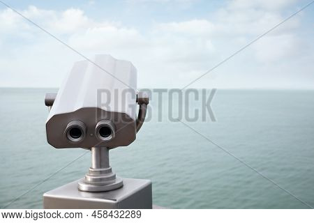 Metal Tower Viewer Installed Near Sea, Space For Text. Mounted Binoculars