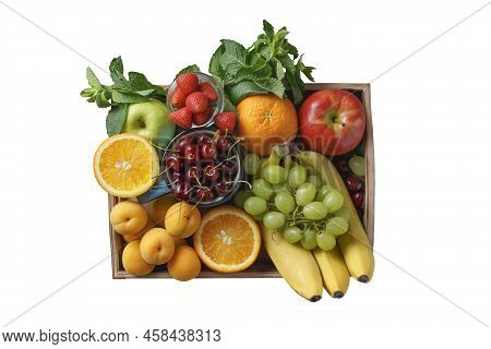 Set Of Summer Fruits And Berries In A Wooden Serving Dish Isolated On White. Fruit, Summer, Breakfas