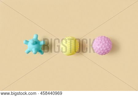 Tactile Or Sensory Balls To Enhance The Cognitive Processes. Top View. Flat Lay. Copy Space. Texture