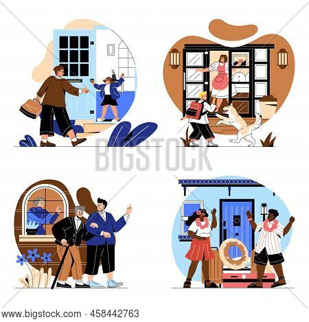 Set Of People Returning Or Leaving Home. Characters Stand At Threshold Or Door Of House. Kids, Men A