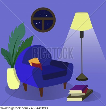 Cozy Night Flat Style Interior. Comfortable Chair, Floor Lamp And Favorite Book - A Great Evening. I