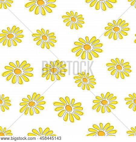 Seamless Pattern With Yellow Dandelions Or Daisy Flowers Background Texture Vector. Floral Fabric Pr