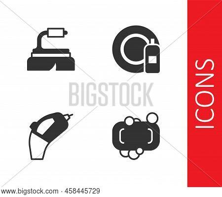 Set Bar Of Soap, Brush For Cleaning, Portable Vacuum Cleaner And Dishwashing Bottle And Plate Icon. 