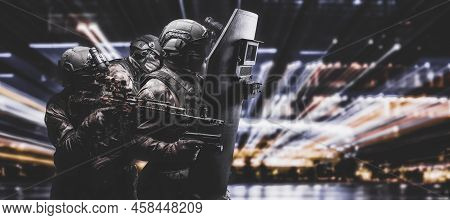 Armed Group Of Special Forces In Front Of A Casino In Las Vegas. Bank Robbery Concept. Swat Group. A