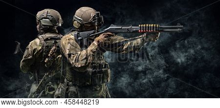 Armed Special Forces Group On A Dark Background. Law And Order Protection Concept. Swat Group. Antit