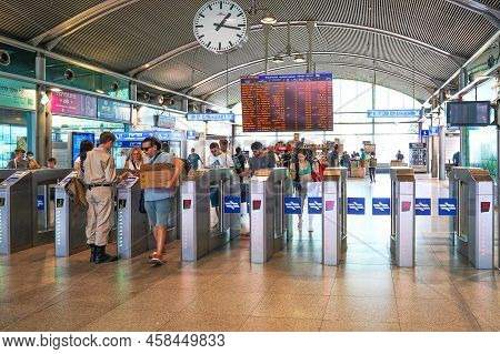Inside Train Station Entrance Or Exit In Tel Aviv. Entrance Inside Train Station. Train Station With