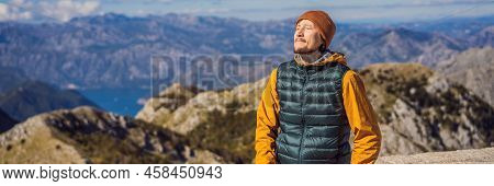 Banner, Long Format Man Traveller In Mountain Landscape At National Park Lovcen, Montenegro. Travel 