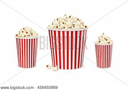 Realistic Detailed 3d Popcorn Bucket Set Different Portions Isolated On A White Background. Vector I