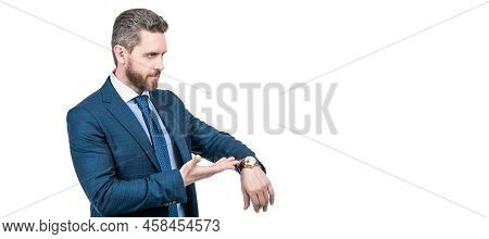 Watch Is A New Style. Senior Manager Point Finger At Wrist Watch. Time Management. Man Face Portrait