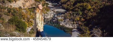 Banner, Long Format Montenegro. Woman Tourist On The Background Of Clean Clear Turquoise Water Of Ri