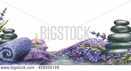 Wooden Table With Stones For Spa And Massage, Lavender Flowers, Sea Salt, Towel And Candles. Waterco