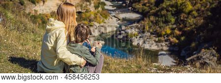 Banner, Long Format Montenegro. Mom And Son Tourists On The Background Of Clean Clear Turquoise Wate
