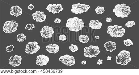Hand Draw Clouds Set. Vector Stock Doodle Illustration Isolated On Black Chalkboard Background.