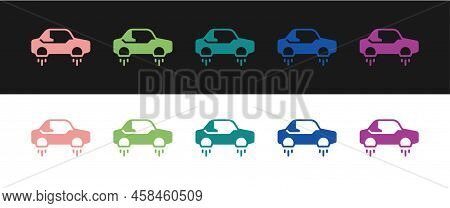 Set Fantastic Flying Car Icon Isolated On Black And White Background. Hover Car Future Technology Fu