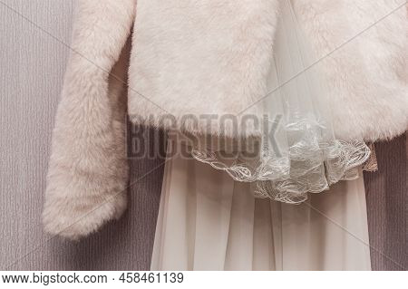 Women's White Cape Made Of Artificial Fur Wool Wedding Element Fragment Object Clothes Of The Bride.