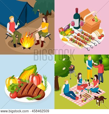 Bbq Grill Picnic Isometic Icon Set With Party In Woods Diner Grill Plate Tent And Campfire In The Fo