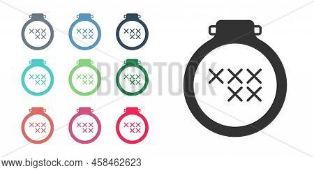 Black Round Adjustable Embroidery Hoop Icon Isolated On White Background. Thread And Needle For Embr