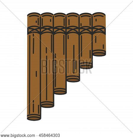 Pan Flute Vector Icon. Hand Drawn Wooden, Bamboo Musical Instrument. Multi-barrel Fife Isolated On W