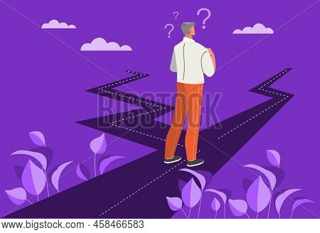 Businessman With Two Roads. Man Evaluates Both Options. Guy Looking For Ways To Develop Company, Pla
