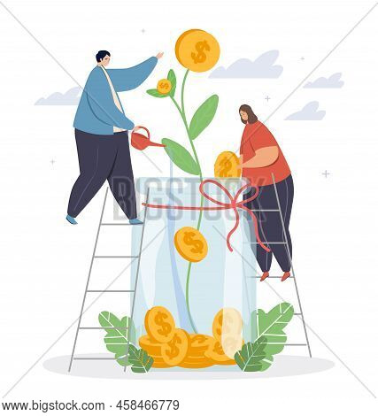 People Watering Money Flower. Man And Woman Near Jar Of Coins, Couple Stacks Savings For Further Inv