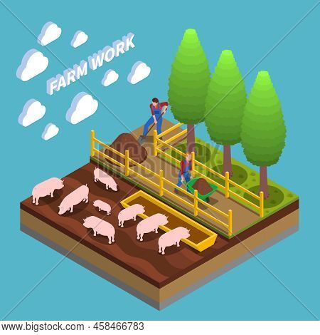 Agricultural Isometric Composition With Farmers Engaged In Swine Breeding And Gardening Vector Illus