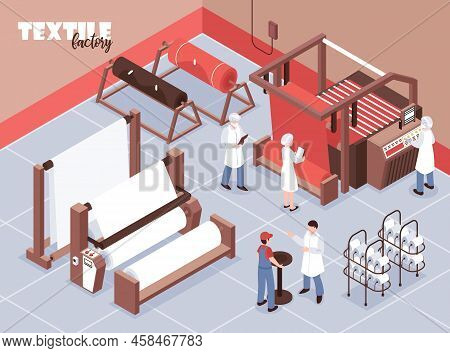 Textile Factory Staff And Various Weaving Machines 3d Isometric Vector Illustration