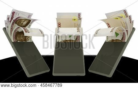 Nigerian Naira Notes Inside A Mobile Phone. Money Coming Out Of Mobile Phone. 3d Rendering Of Set Of