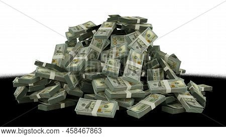 Big pile of US dollar notes a lot of money on transparent background, png transparency. 3d rendering of bundles of cash