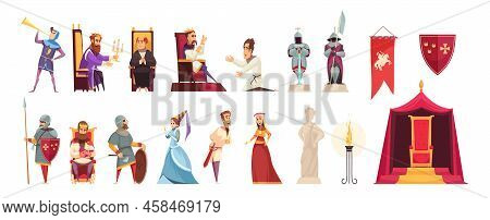 Medieval Castle Attributes Inhabitants Flat Icons Set With Knits King Lord Lady Heraldic Flag Isolat